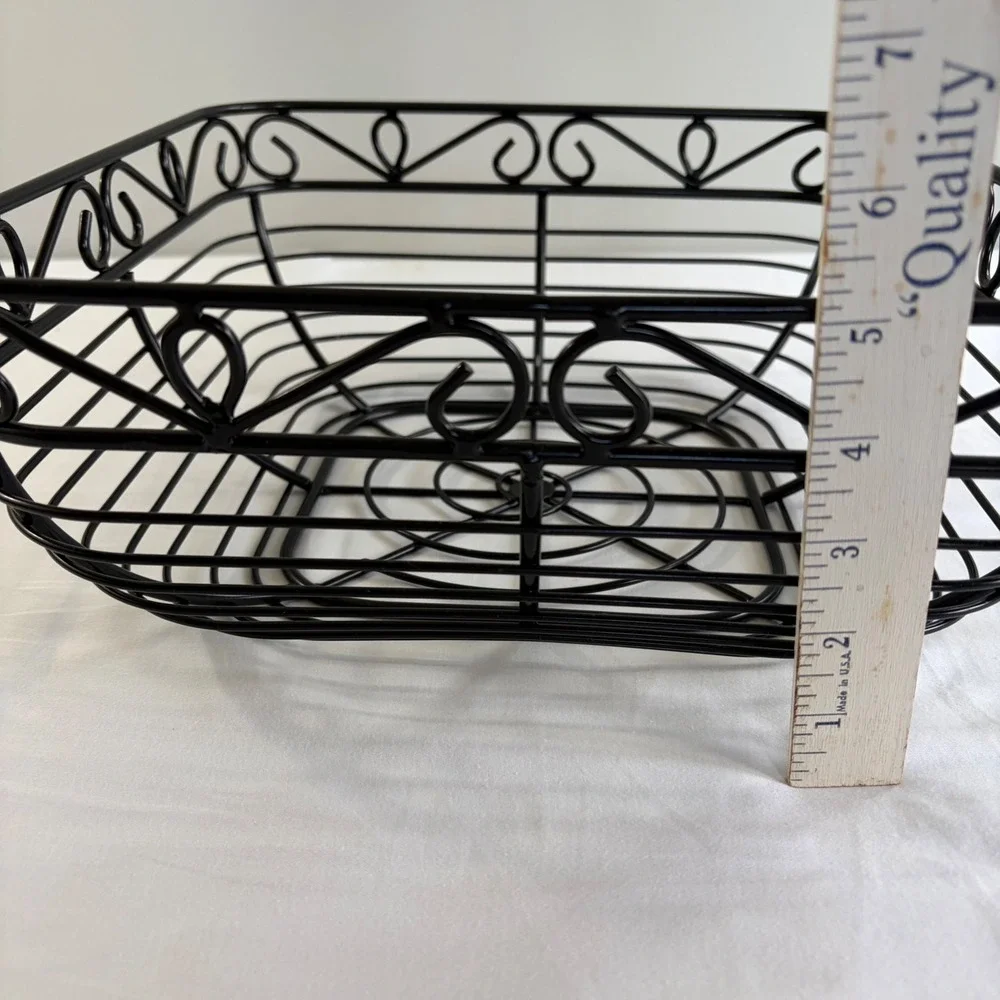 Black Metal Retro‎ Square Basket Scrollwork Decorative Fruit Storage 10x10x4.5